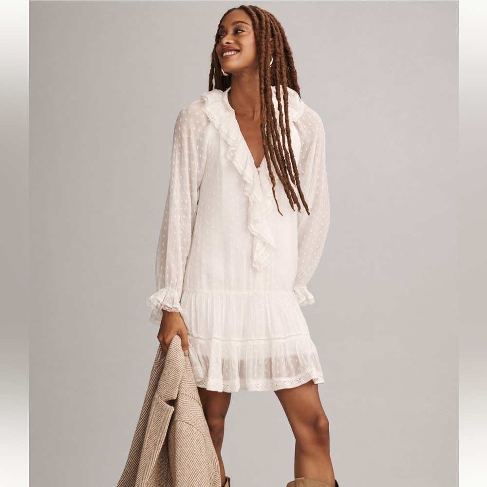 Anthropologie 🤍 Ruffled Longskeeved Boho Mini Tunic Dress